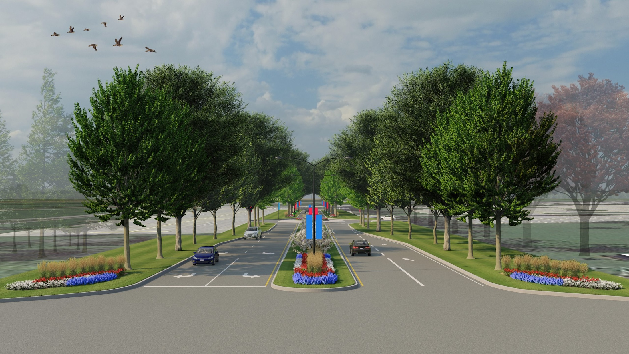 A rendering of the front entrance to Loyalist College is shown. Cars are on both sides of the street, with trees lining the street, and flowers in beds alongside.