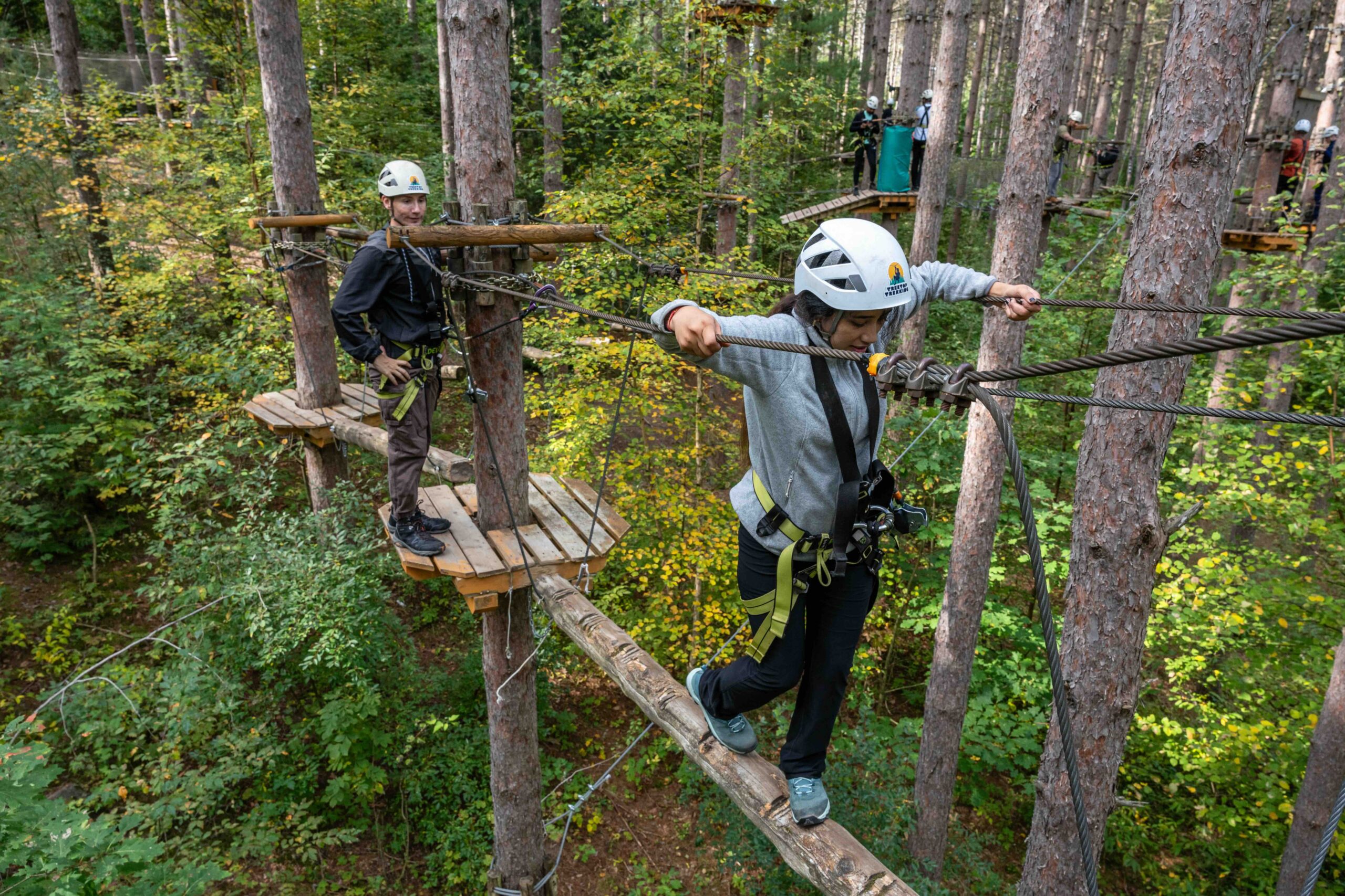 Students navigating a challenging high ropes course in a lush, forested area. Equipped with helmets and harnesses for safety, one student carefully steps across a narrow log bridge while another looks on, ready to support. The scene captures the adventure and teamwork involved in this outdoor experience