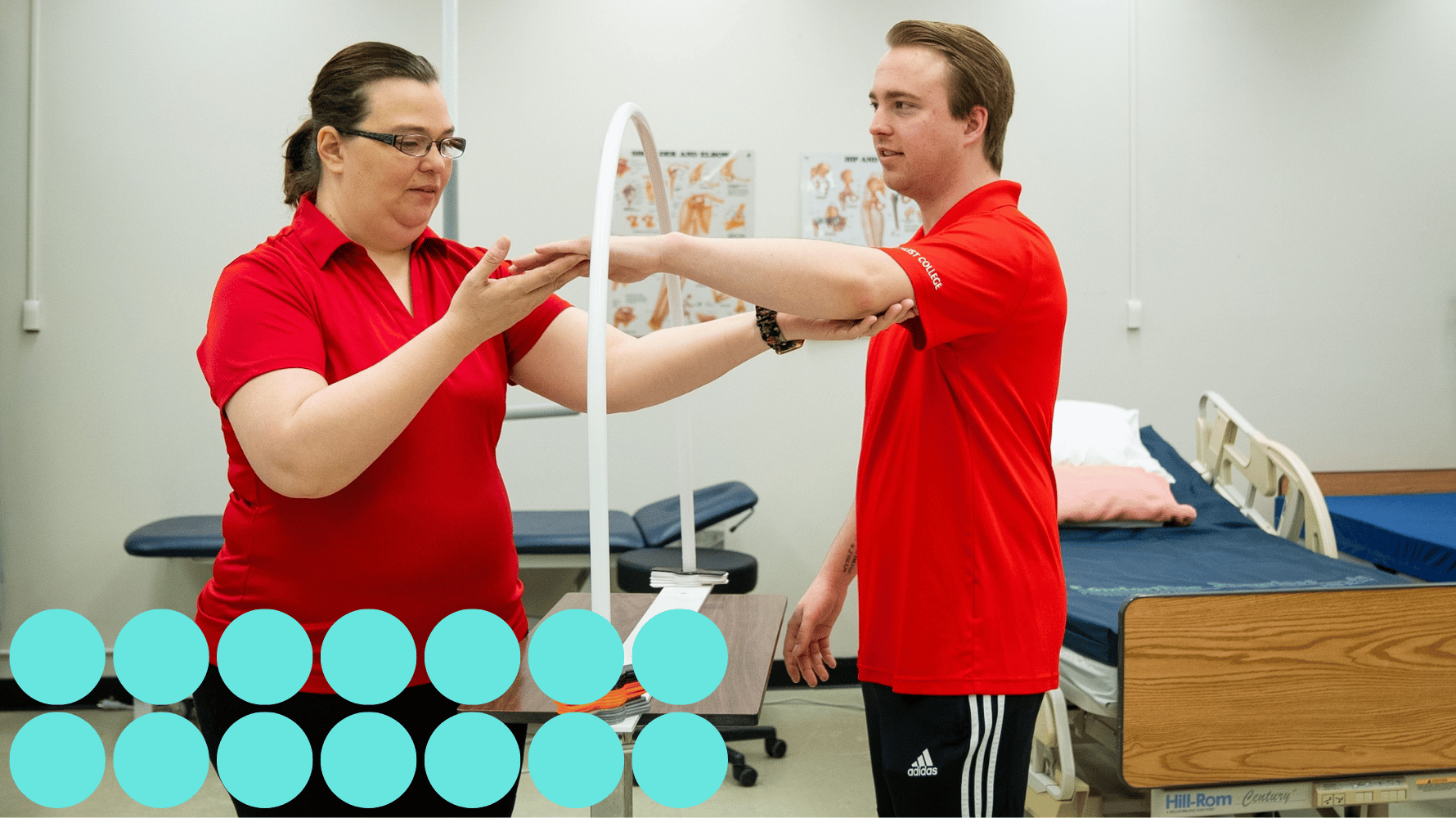 An image of an occupational therapist assistant and physiotherapist assistant are shown inside a clinic setting. Both of them are wearing bright red shirts. Fourteen blue graphic circles are in the lower lefthand corner of the image.