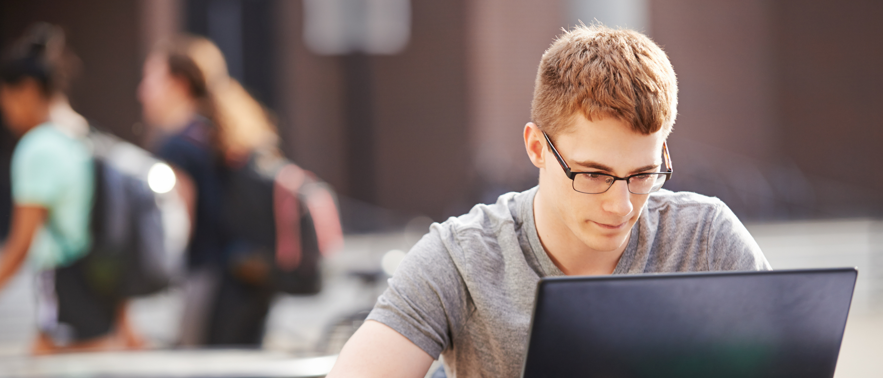 A student is using their laptop to choose general education electives. There are two people walking behind the student towards the left side of the image.