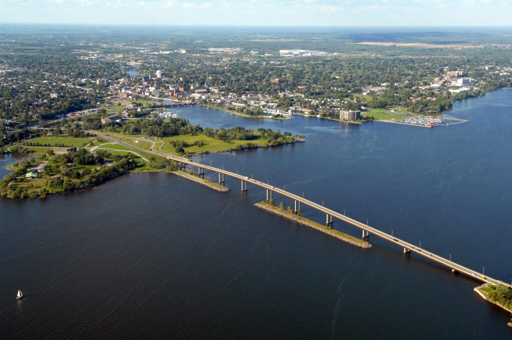 An aerial view of the Bay Bridge with the City of Belleville in the background.