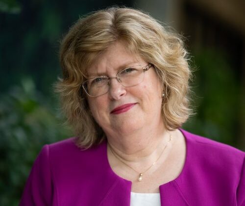 Headshot of Loyalist President and CEO Dr. Ann Marie Vaughan, wearing a magenta blazer, in front of a blurred background.