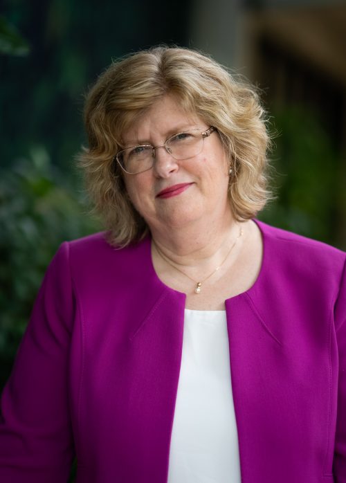 Headshot of Loyalist President and CEO Dr. Ann Marie Vaughan, wearing a magenta blazer, in front of a blurred background.