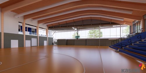 A rendering of the interior of the new gym with windows lining the second level and blue benches along the right hand side.