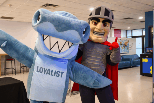 Two college mascots, a shark and a knight, pose together inside a bright student lounge.