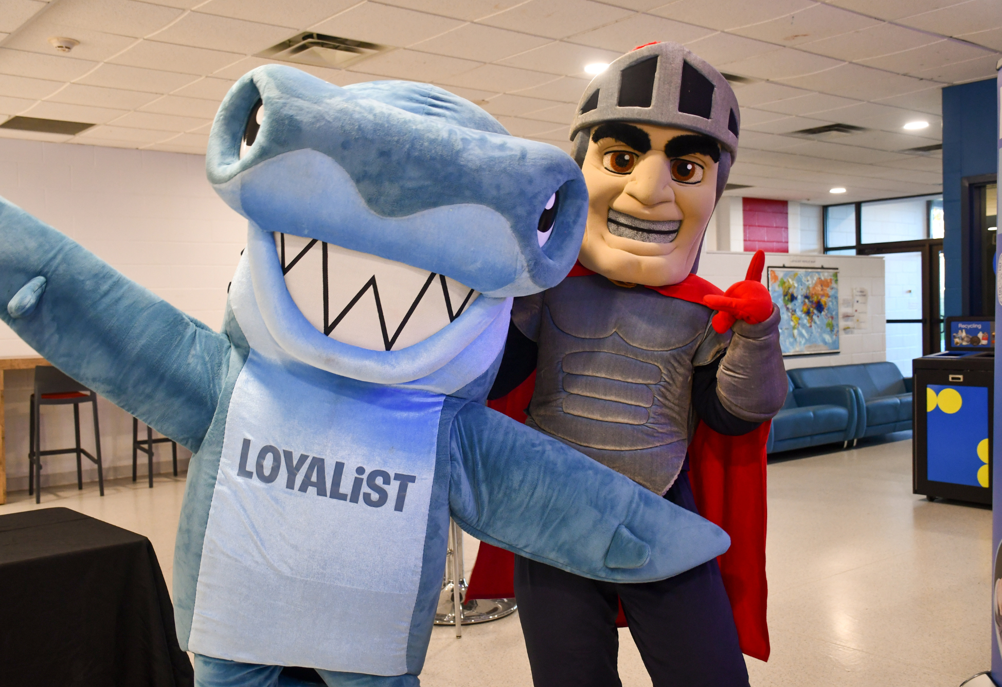 Two college mascots, a shark and a knight, pose together inside a bright student lounge.