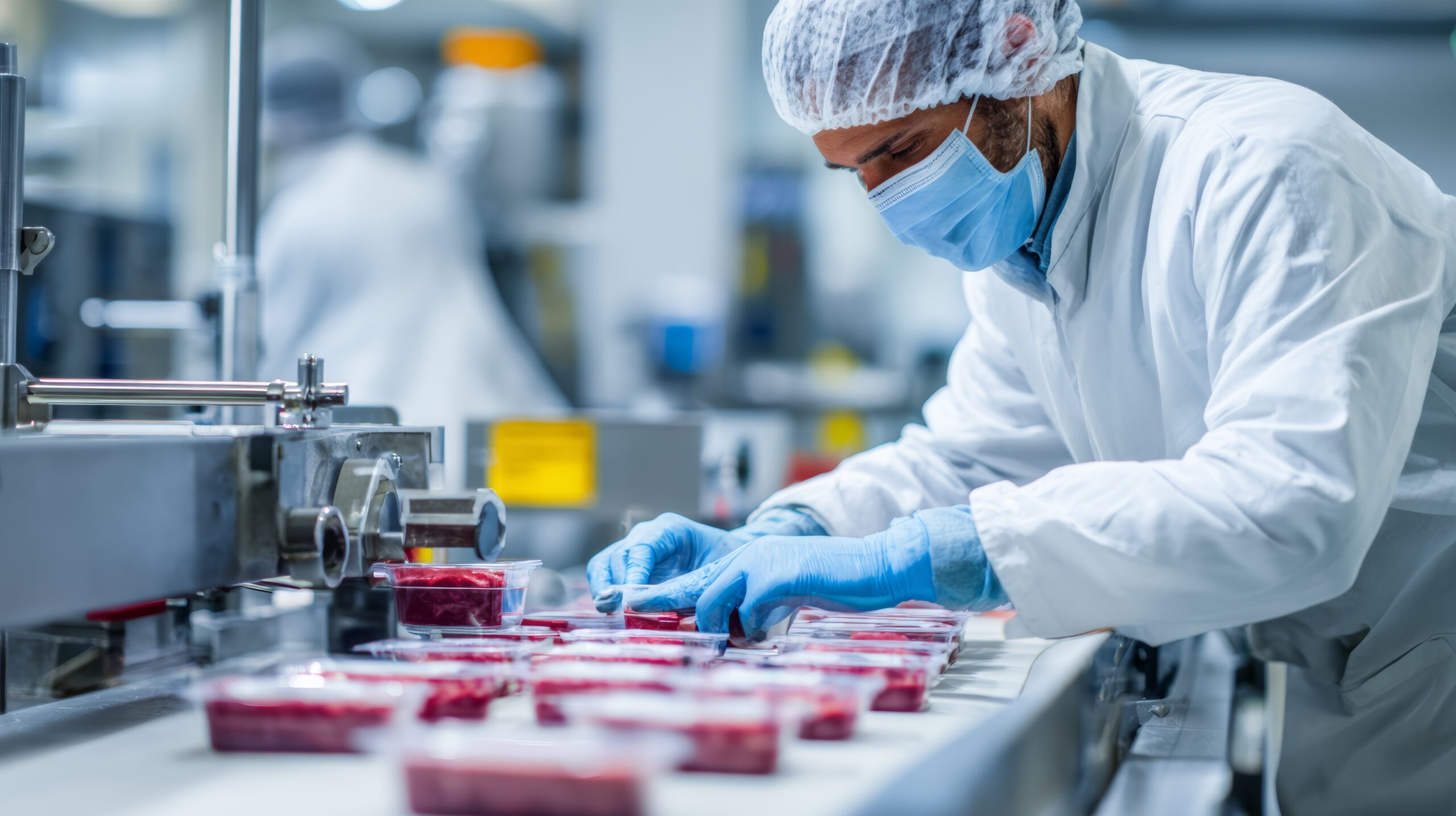Worker wearing mask, gloves and hairnet on assembly line for food processing
