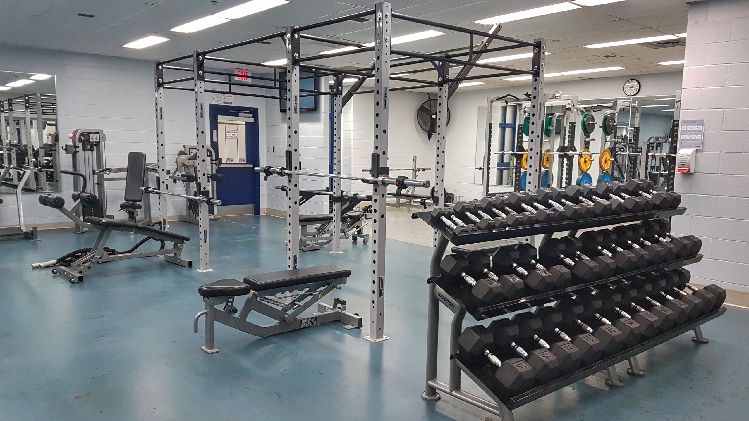 Interior of a fitness centre with a multi-station power rack, adjustable benches, a three-tier hex dumbbell rack, cable machines, and a plate storage rack with coloured weight plates. The room has a blue rubber floor, white cinder block walls, and fluorescent lighting.