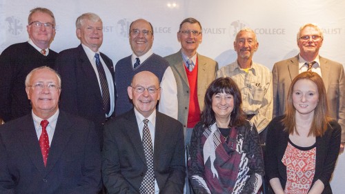 L-R, back to front: Brian Miller (Accounting, 1972), Peter Rooke (Business, 1973), Brian Decaire (Radio Broadcasting, 2010), Doug Bellwood (Business, 1972), David Bunnett (Accounting 1972), Roger Dinner (Paralegal, 2013), George Reddom, Vice-President (Civil Engineering 1970), Richard Beare, President (Business, 1971), Rosemary Rooke, Past President (BAA Human Services Management, 2009 and Social Service Worker, 2010) and Chantel Johnston (Student Government) at the  Alumni Association Annual General Meeting and Distinction Awards, November 28, 2014 at Club 213