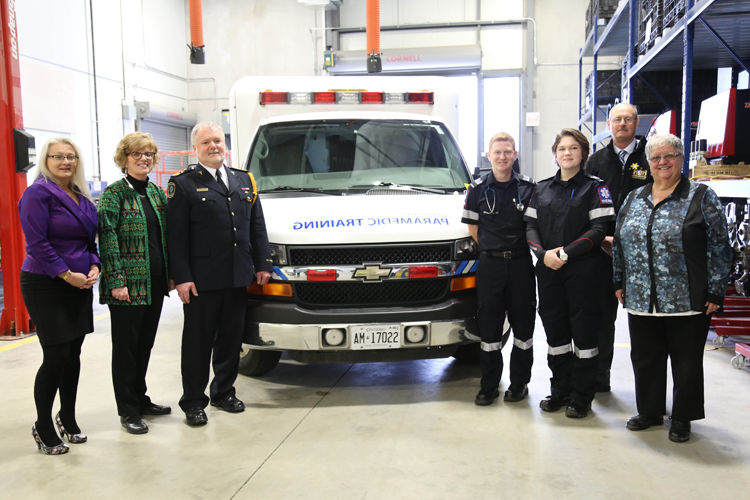 (L-R): Lisa McVety, Loyalist College Paramedic Professor; Maureen Piercy, President & CEO, Loyalist College; John O’Donnell, Chief and Director of Emergency Services, Hastings – Quinte Paramedic Services; Cole Walker, Loyalist College Paramedic student; Brooke Bradley, Loyalist College Paramedic student; Rick Phillips, Warden of Hastings County; and Bernice Jenkins, Hastings County Councillor and Chair of the Hastings - Quinte Emergency Services Committee