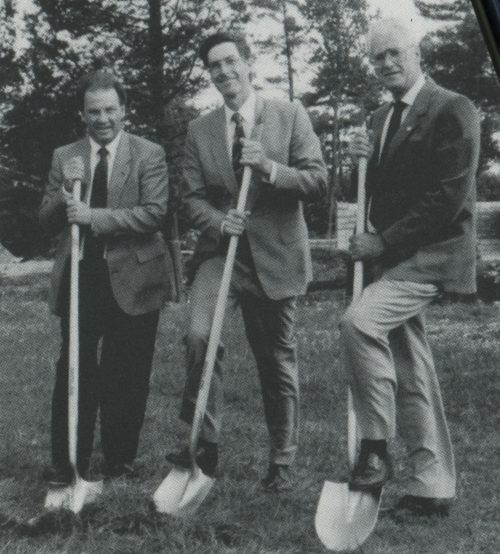 The committee responsible for overseeing the residence project at the sod-turning ceremony in September 1991. Left to right: Vice-President, student Affairs, J. Ed Boone, Director of Plant, Barry Deans, and Vice-President, Finance and Administration, Gordon J. Palmer.