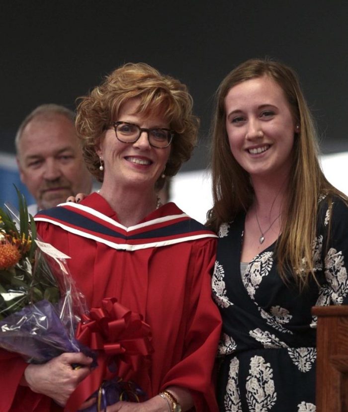 Loyalist President and CEO Maureen Piercy, participating in her final Convocation as President and CEO prior to her retirement, was recognized and thanked by Loyalist Student Government President Heather Williams, on behalf of all Loyalist College students, for her many contributions to the College over the last 11.5 years as President. 