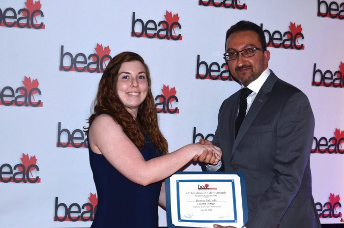 Jessica Baldwin, a second-year Loyalist College Broadcasting - Radio student was presented with the Broadcast Educators Association of Canada's (BEAC) President's Award in the audio category by BEAC Board of Directors President/Western Director Ashif Jivraj, BCIT. Photo credit - Brian Nuttall, Broadcast Educators Association of Canada