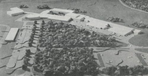 Black and white aerial photograph of the Kente building