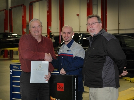 (left) John Hunter, Authorized MAC Tools Distributor and Gary Goodine, MAC Tools District Manager (right) presented Wayne Lainchbury (centre) the MAC Tools Award at Loyalist College 