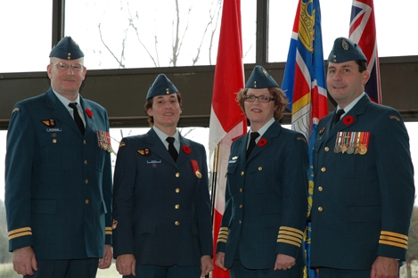 L. to R. Captain Jeffrey Peterson, Warrant Officer Kara Moore, Honorary Colonel Maureen Piercy and LCol Corey Crosby