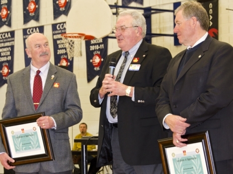 Northumberland-Quinte West MP Rick Norlock (left) and Prince Edward-Hastings MP Daryl Kramp (right) receive certificates of recognition from Quinte Sunrise Rotarian Stuart Wright (centre).