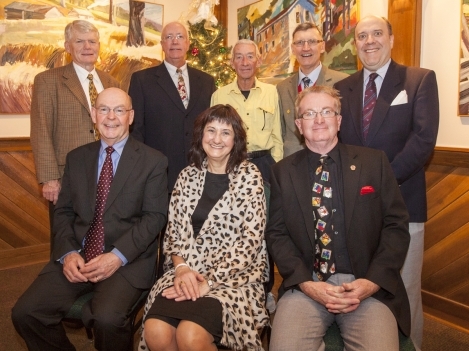 Back Row: Peter Rooke (Business, 1973); George Reddom, Vice-President (Civil Engineering, 1970); David Bunnett (Accounting, 1972); Doug Bellwood (Business, 1972); Brian Decaire (Radio Broadcasting, 2010)  Front Row: Richard Beare, President (Business, 1971); Rosemary Rooke, Past President (BAA-Human Services Management, 2009 and Social Service Worker, 2010); Brian Miller (Accounting, 1972)  Absent: Jens Naumann (Social Service Worker, 2012) and Scott Tracze (Business Administration, 2009)  