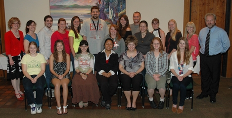Loyalist College President Maureen Piercy (far left) and Vice-President Academic John McMahon (far right), pose with Entrance Scholarship winners September 19th.